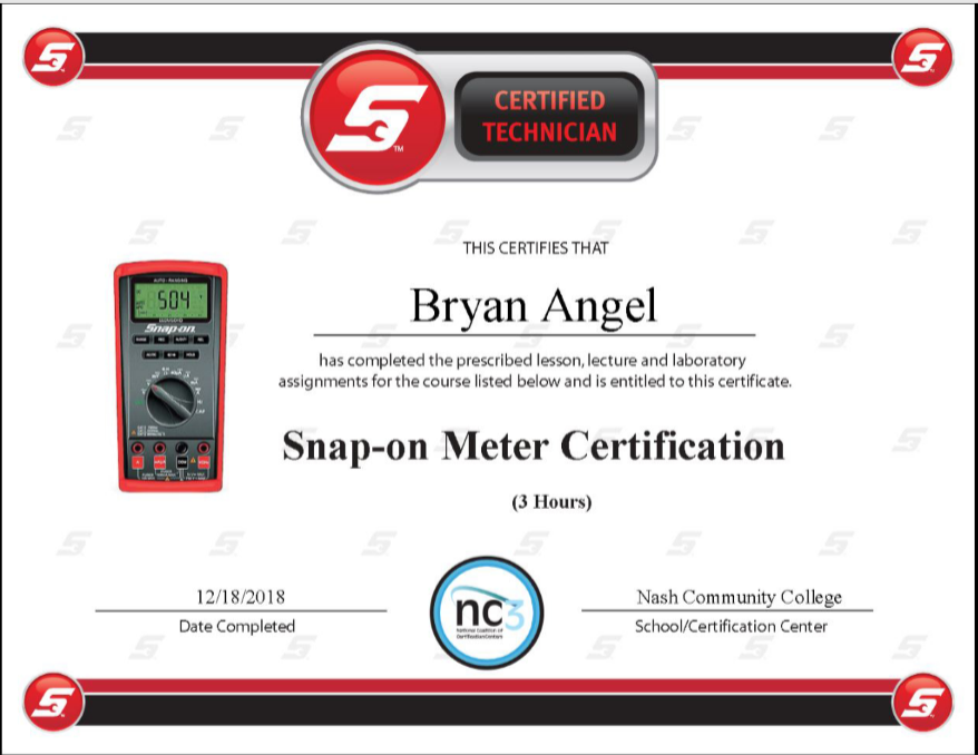 504 Meter Certification Issuing authority:  NC3 and Snap-On with Nash Community College  Credential Identifier or Credential ID: EEDM504DPicture